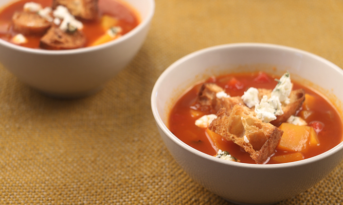 Butternut Squash Tomato Soup with Croutons & Goat Cheese