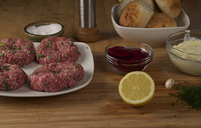 Lamb Burgers with Pickled Beets & Dill Aioli