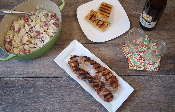 Blue Cheese Potato Salad with Sweet & Spicy Country Ribs or Tempeh