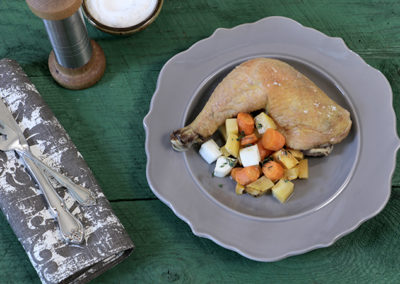 Flat Roasted Chicken with CSA Vegetables