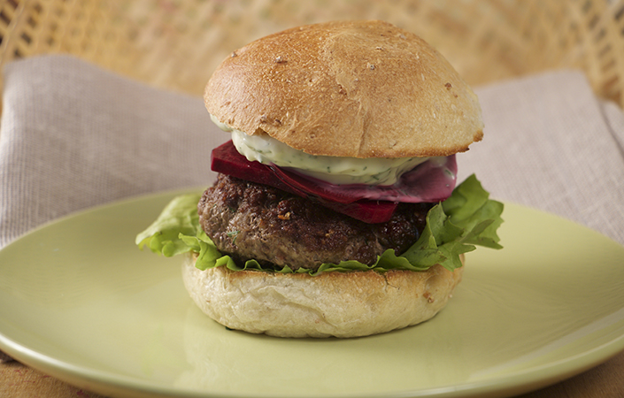Lamb Burgers with Pickled Beets & Dill Aioli